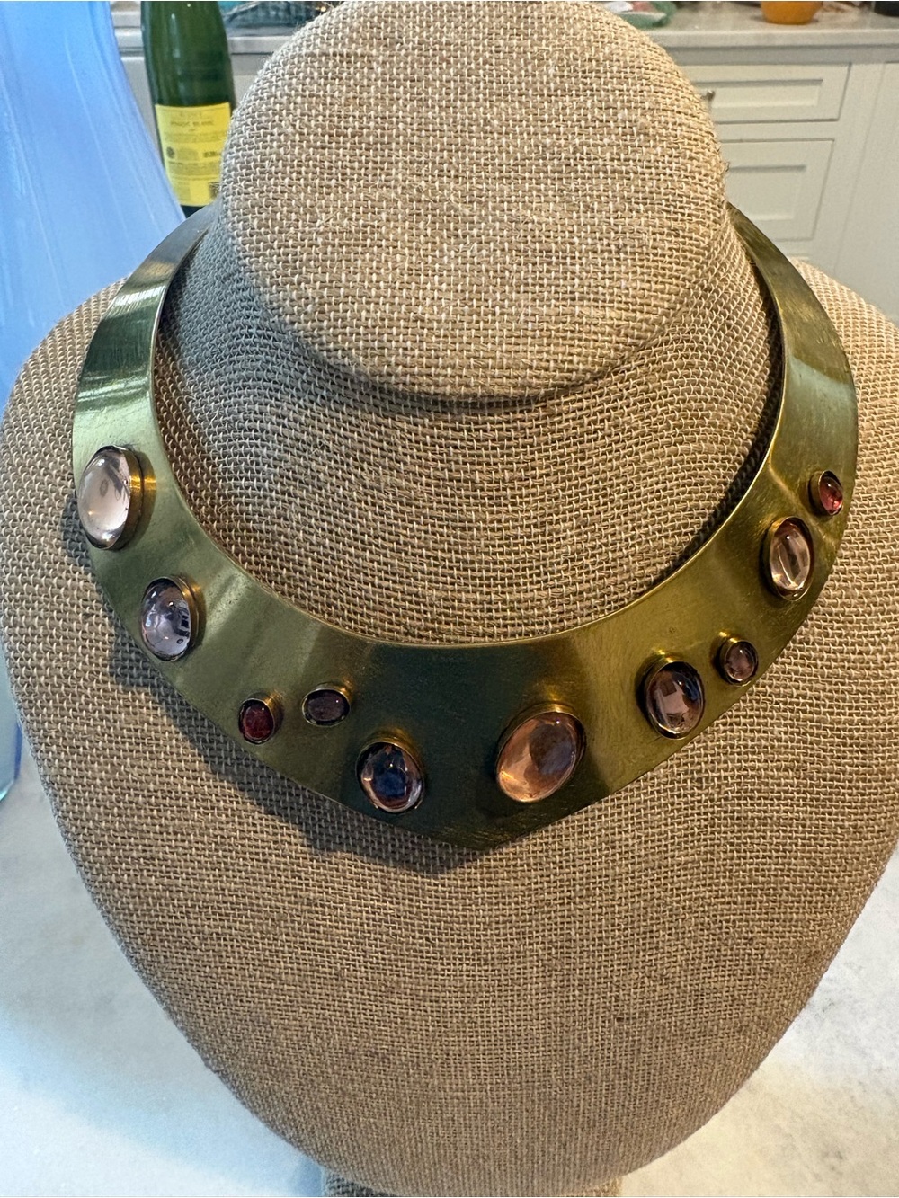 Vintage 70’ Brass Statement Collar Necklace with Acrylic Colored Cabochons-16”